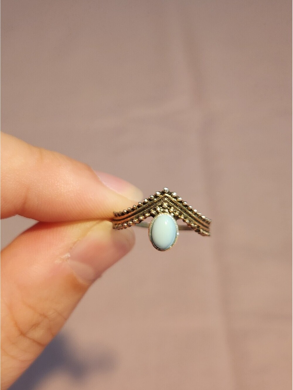 Vintage Silver Tone Ring with Light Blue Oval Stone Size 6.5